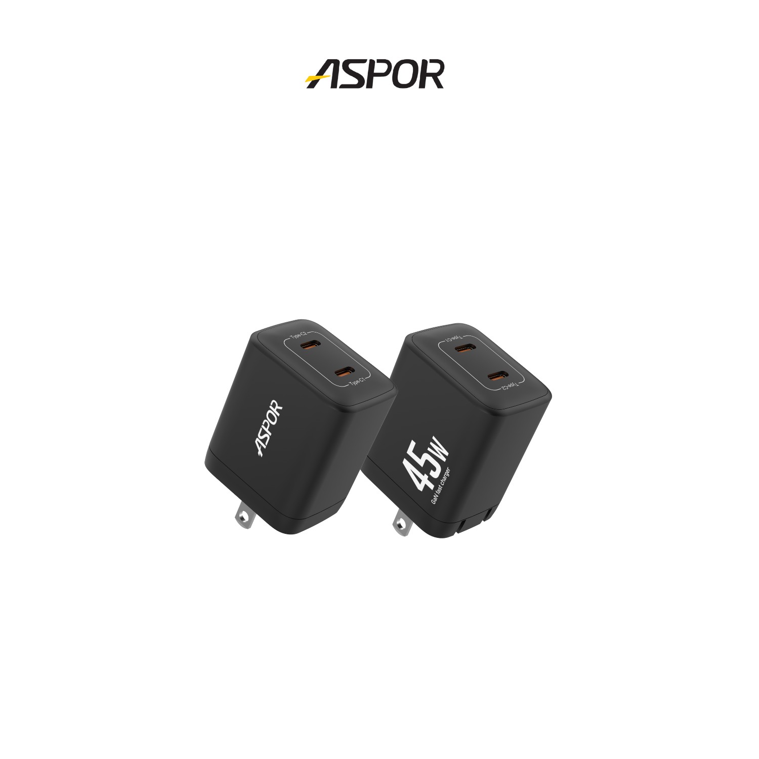 黑-ASPOR  氮化鎵GaN雙PD 45W快充頭DS-333