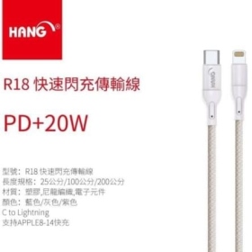 灰-HANG-R18-TYPE C TO Lightning 25CM(65W)彩虹編織線