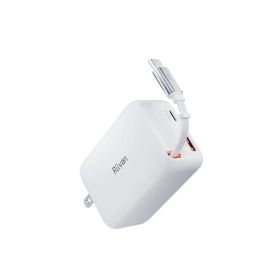 白色 Riivan 65W 伸縮線GaN氮化鎵3孔充電器