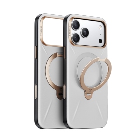 灰 Ostand Spin VegSkin Magnetic 相機按鍵旋轉支架皮革防摔手機殼 iPhone17Pro